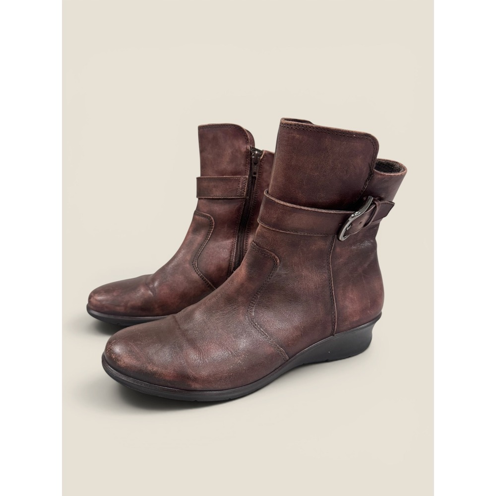 ECCO Womens Brown Leather Ankle Boots Side Zip Buckle Wedge Size 41 US 10-10.5